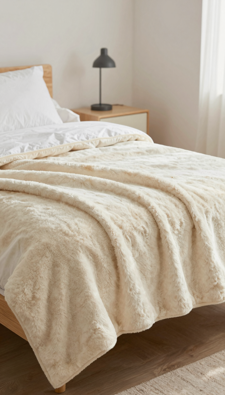 Amazon Basics faux fur throw blanket in cream draped over the foot of a twin dorm bed