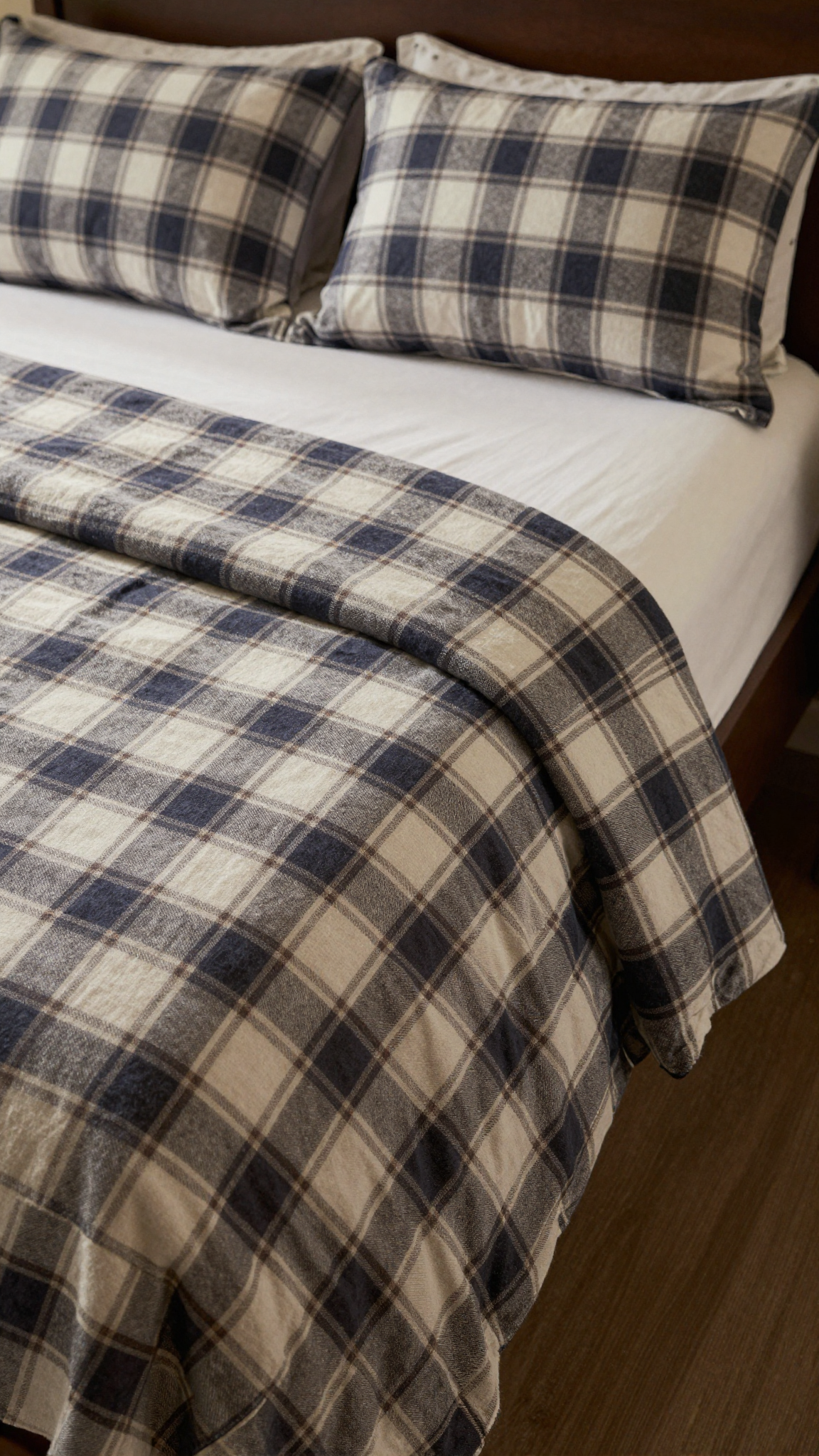 Mellanni flannel sheet set in plaid on a twin dorm bed with pillows