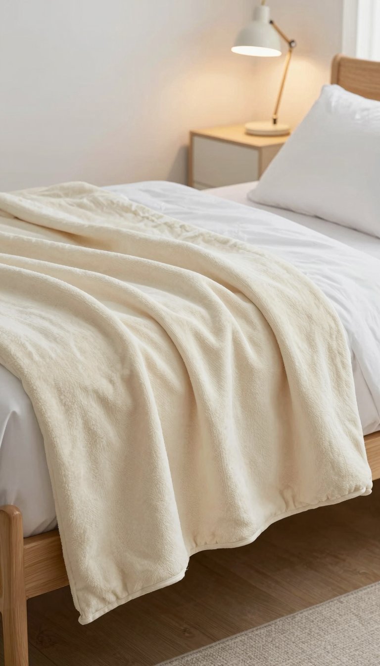 Bare Home oversized throw blanket in cream draped over a twin dorm bed and a dorm chair