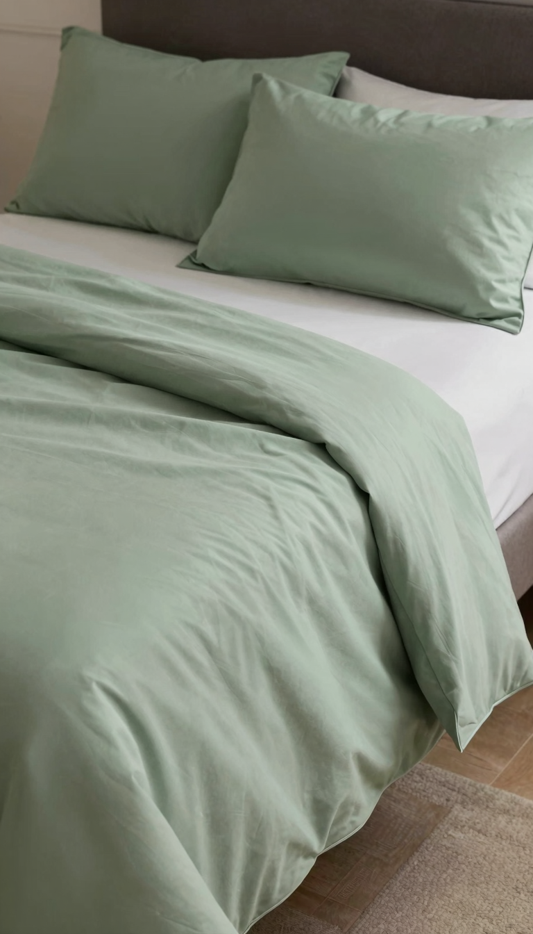 Mellanni 1500 Series sheet set in sage green on a twin dorm bed with pillows
