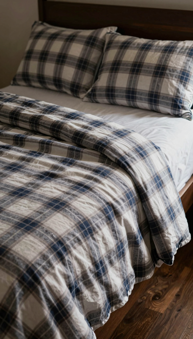Bedsure flannel sheet set in plaid on a twin dorm bed with pillows