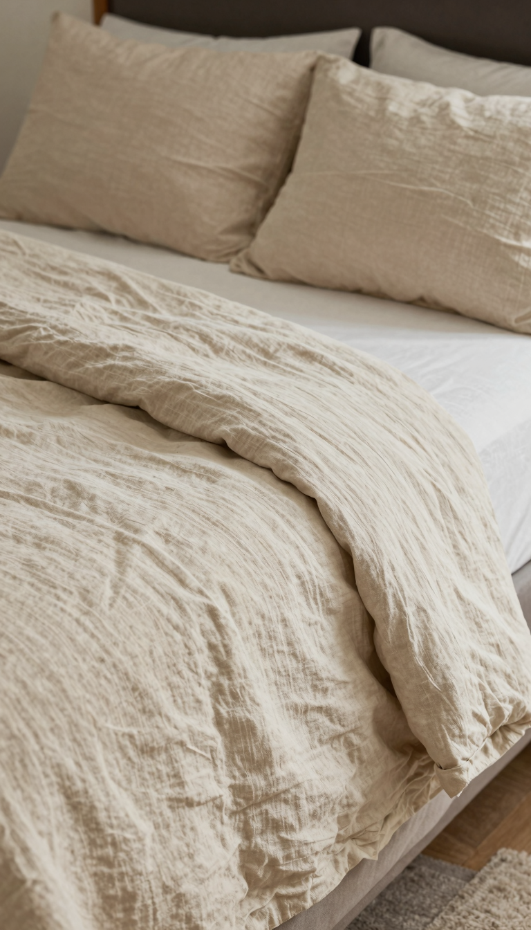 LINEN ME Home linen bed sheet set in beige on a twin dorm bed with pillows