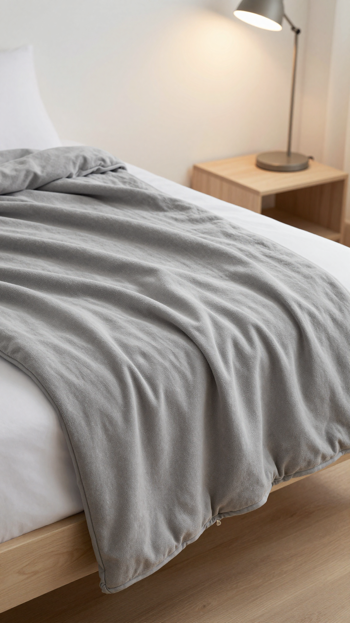 Dreamzie weighted blanket in gray draped over the foot of a twin dorm bed