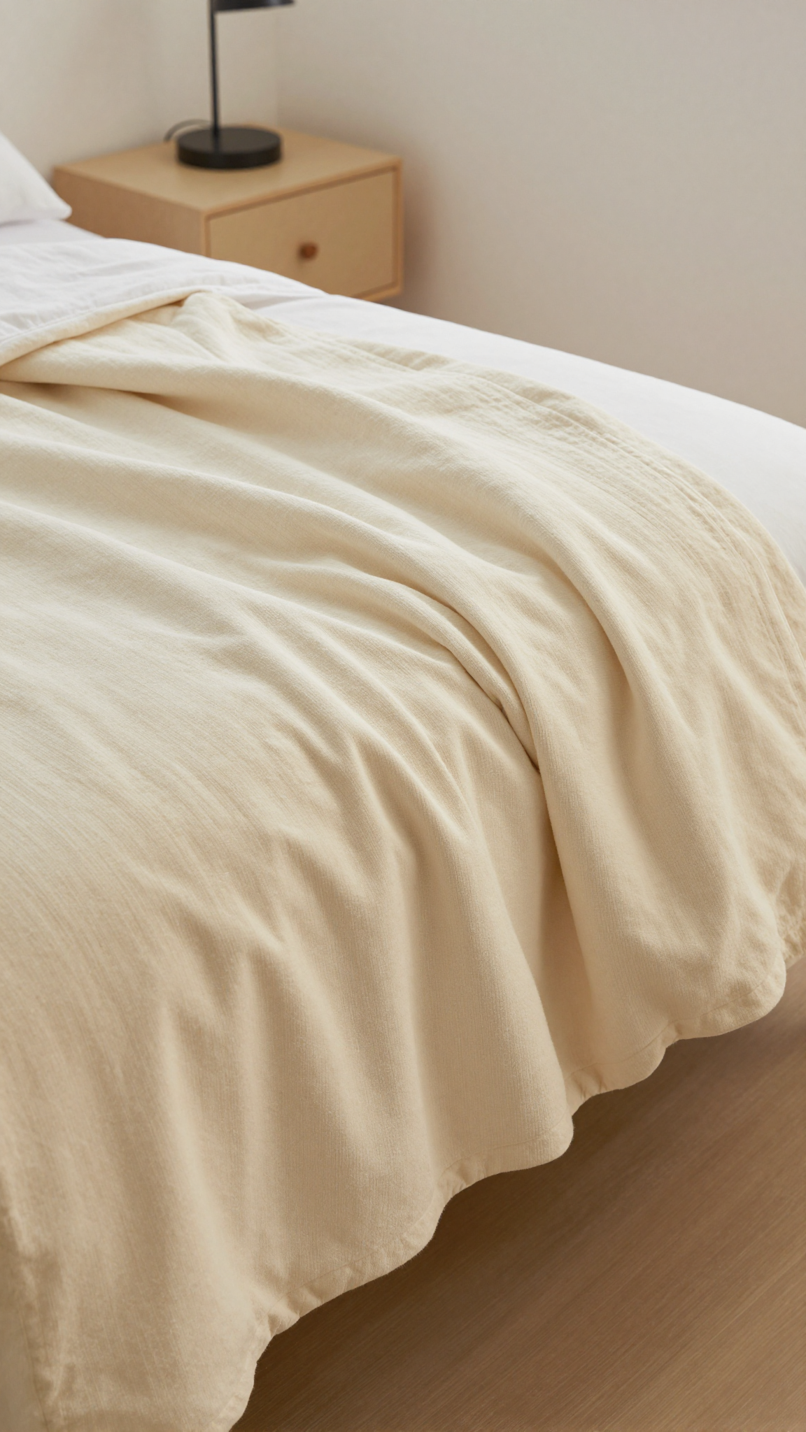 Bare Home extra soft throw blanket in cream draped over the foot of a twin dorm bed