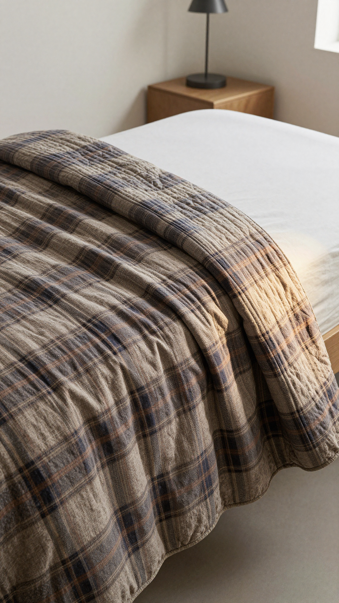 Utopia Bedding quilted bedspread in plaid draped over a twin dorm bed