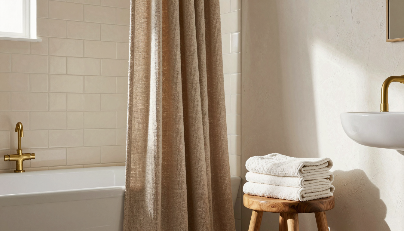 A cozy bathroom with warm neutral tones, textured walls, and a woven shower curtain