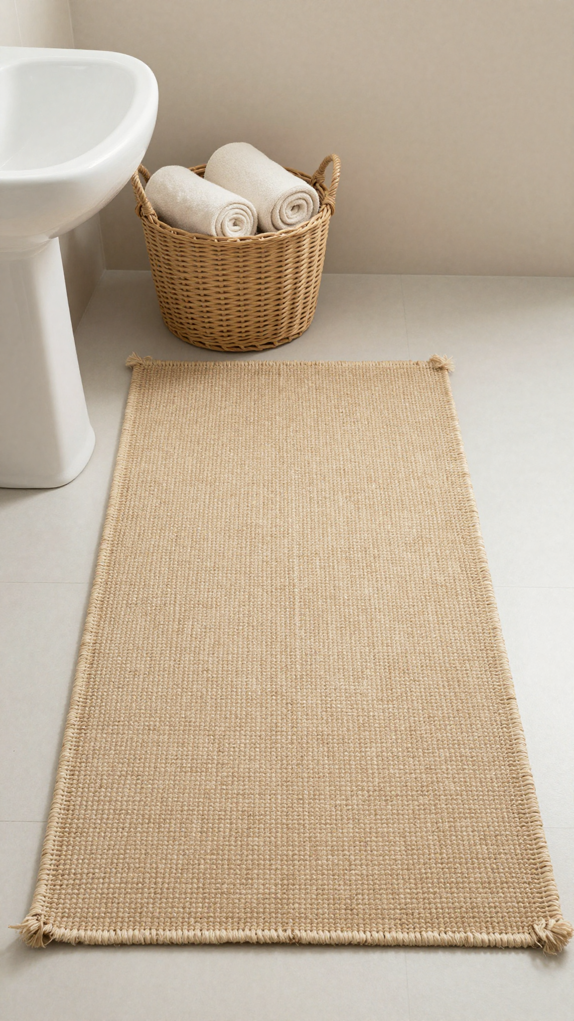 A jute and cotton bathroom rug in warm beige placed in front of a white sink