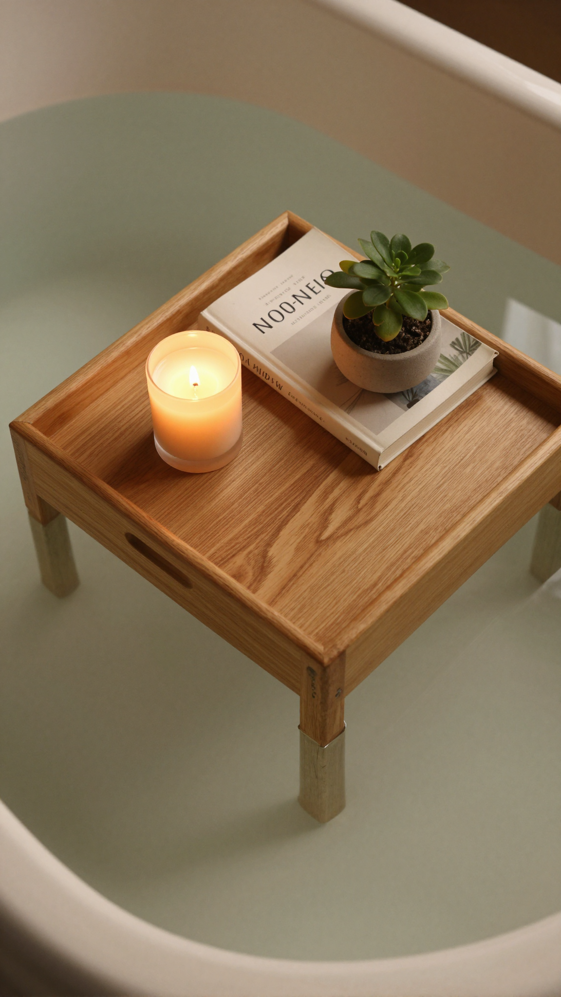 A teak bath tray floating on a tub holding a candle, book, and small potted plant
