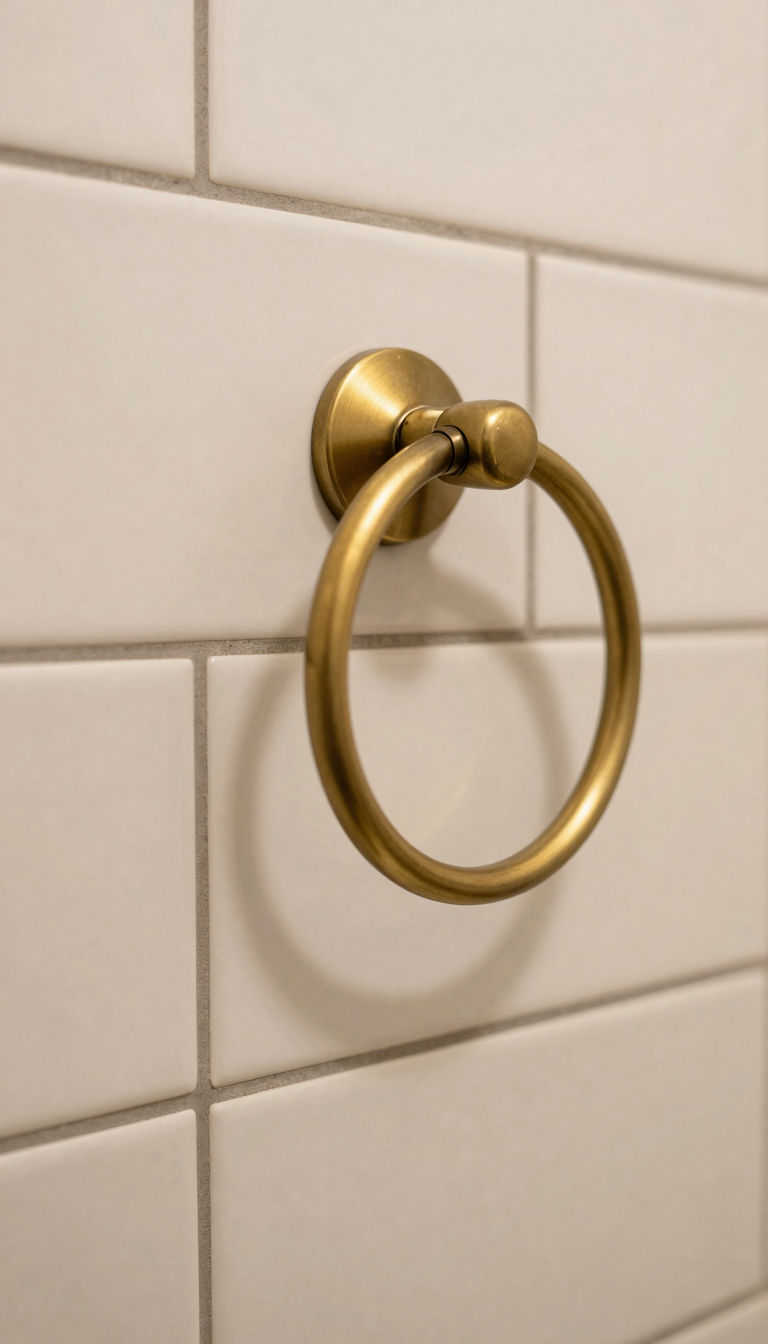 Close-up of beige subway tile with warm gray grout in a bathroom