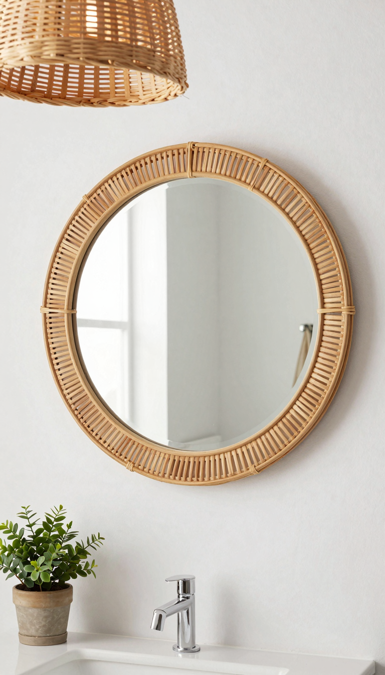 A round mirror with a rattan frame hanging on a bathroom wall