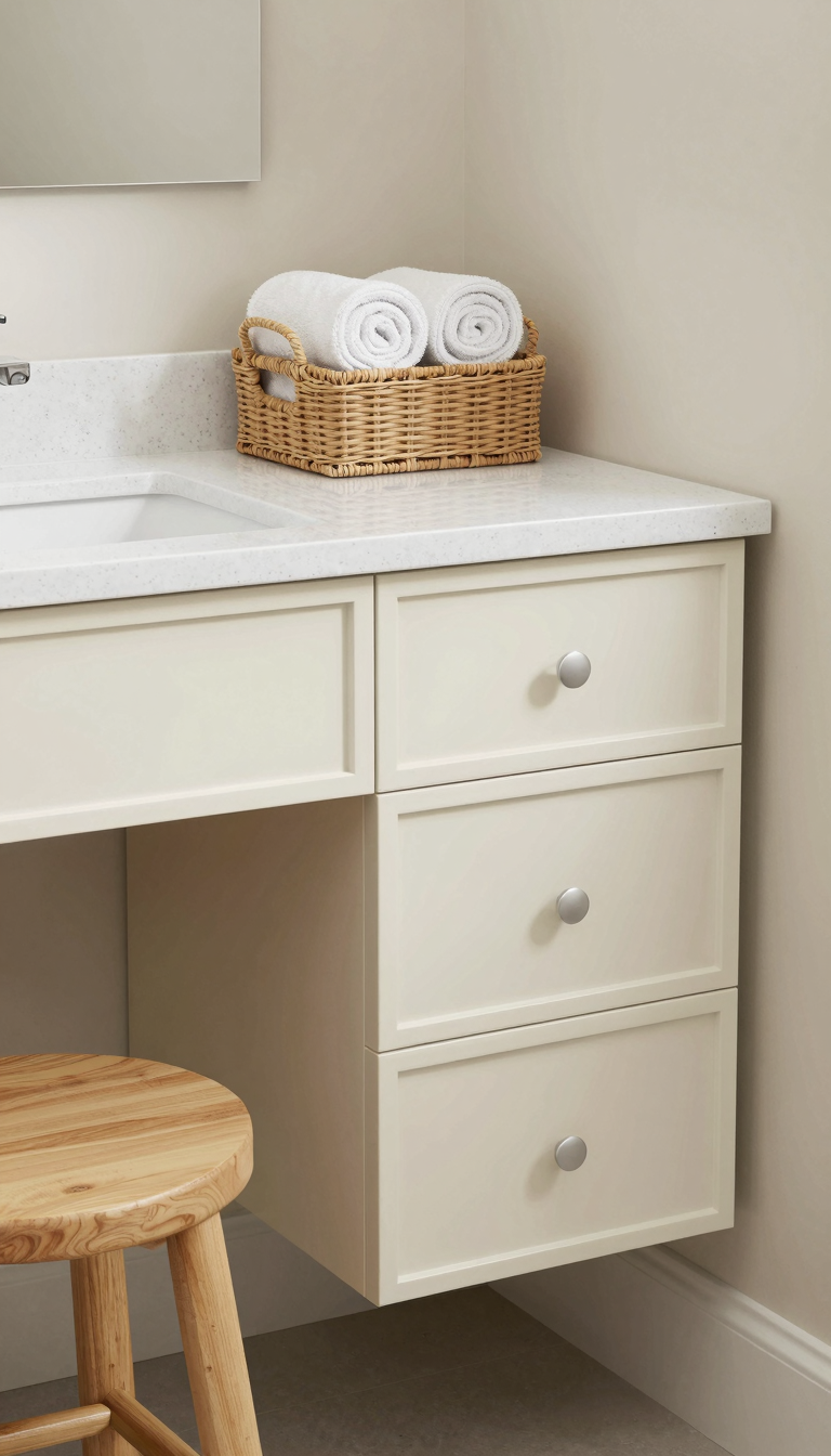 A cream-colored vanity with a quartz countertop in a modern bathroom