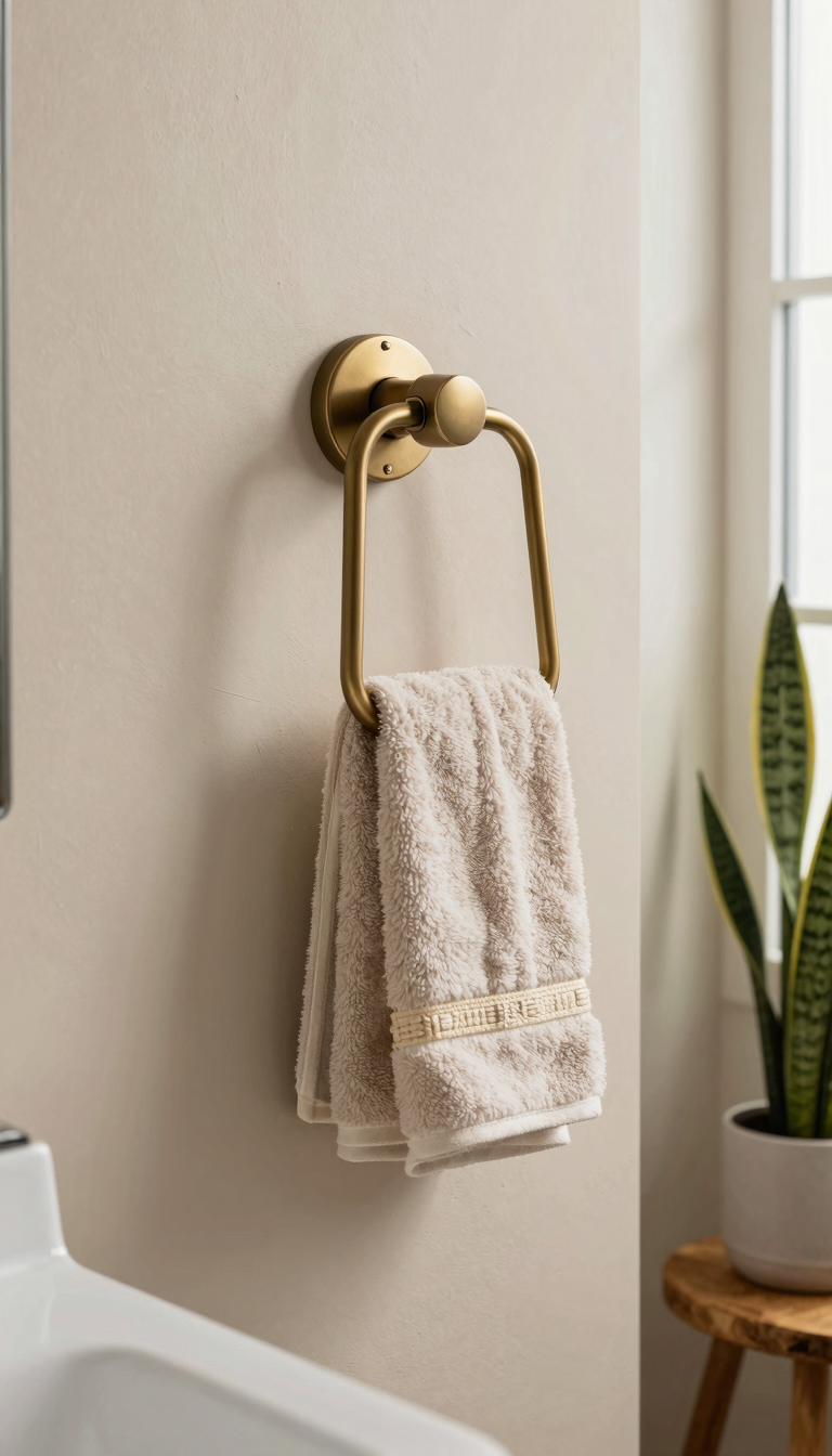 A bathroom wall in warm beige paint with matte brass accents and woven baskets