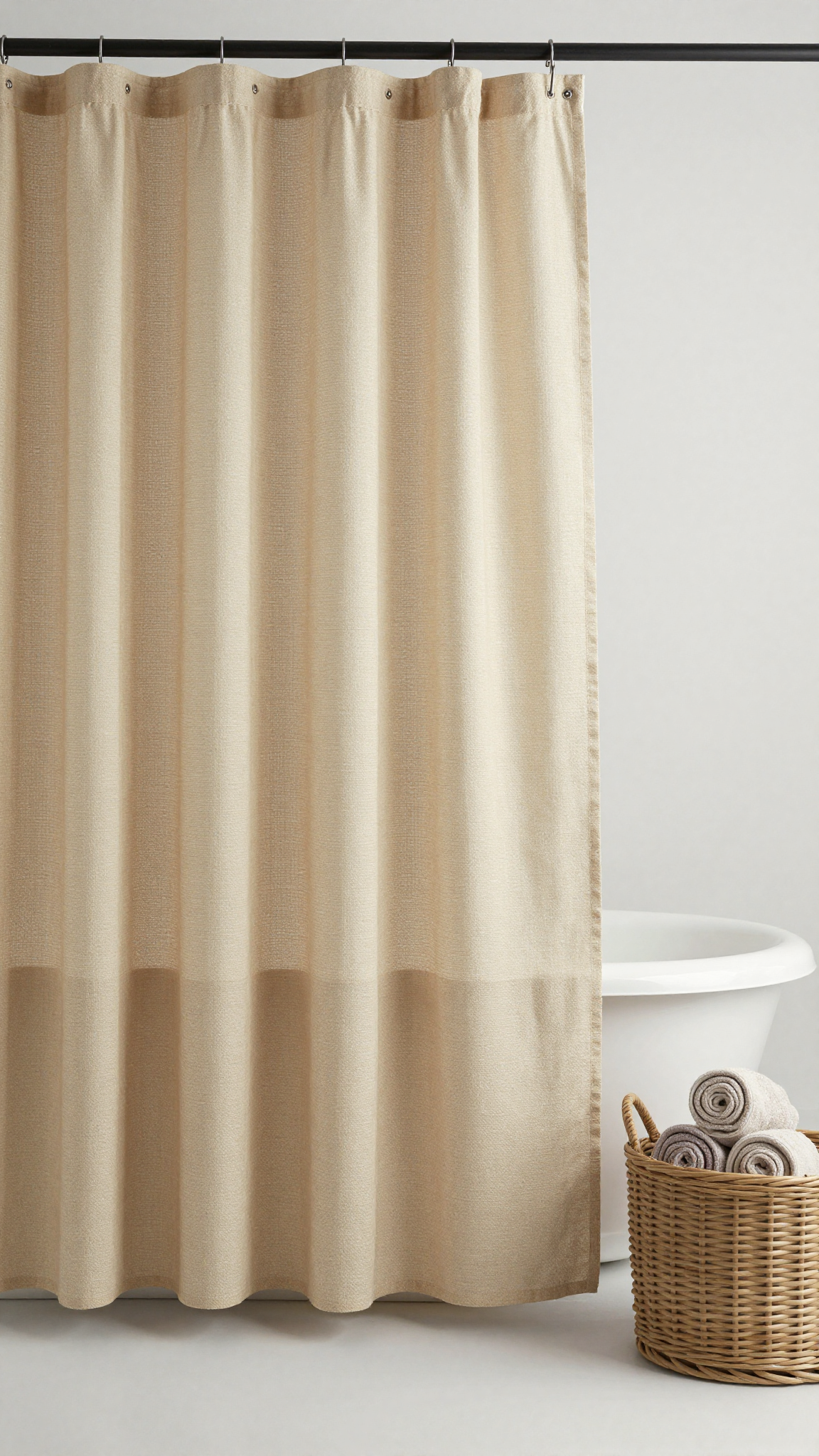 A woven jute and cotton shower curtain in warm beige hanging in a bathroom
