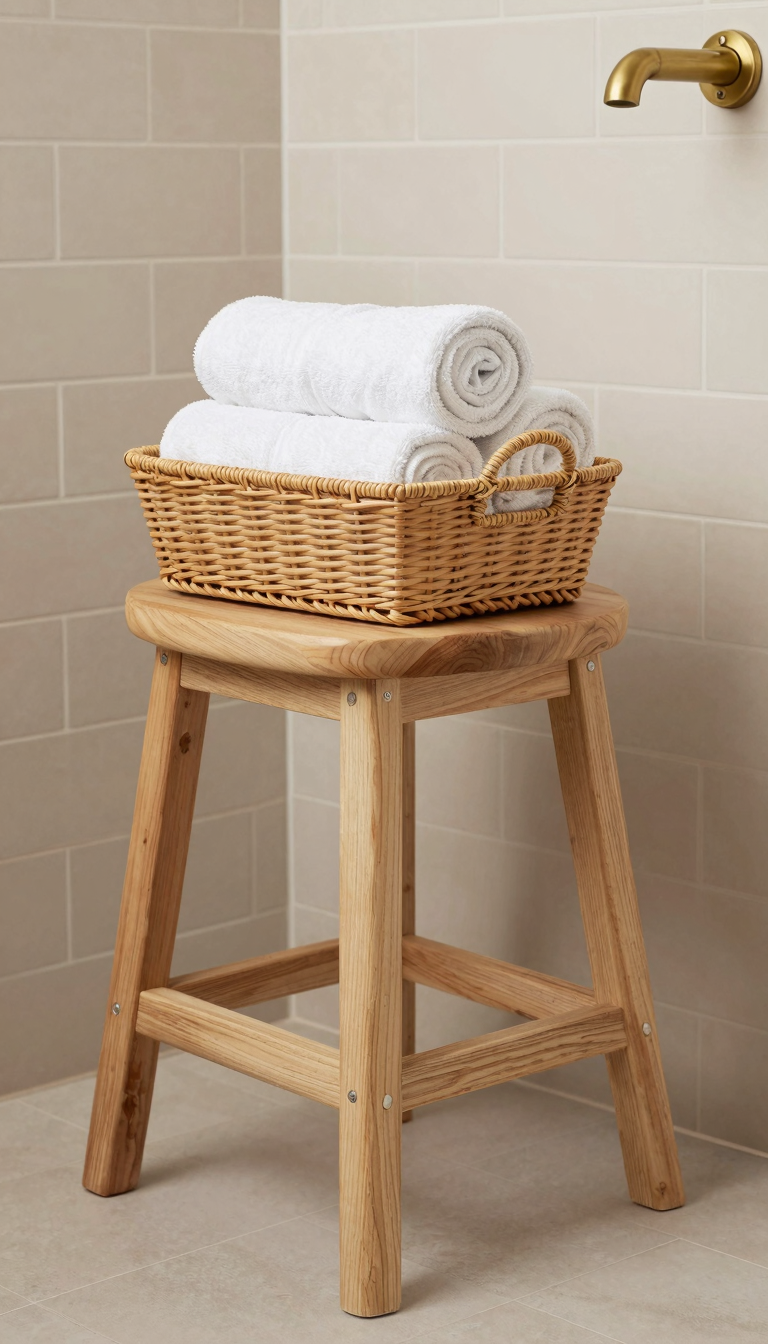 A teak bathroom stool holding rolled towels and a woven basket in a small bathroom