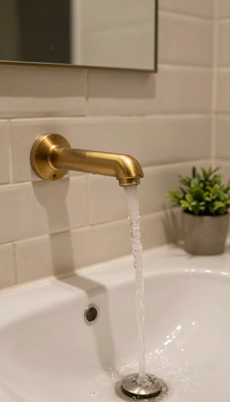 A matte brass bathroom faucet with water running into a white basin