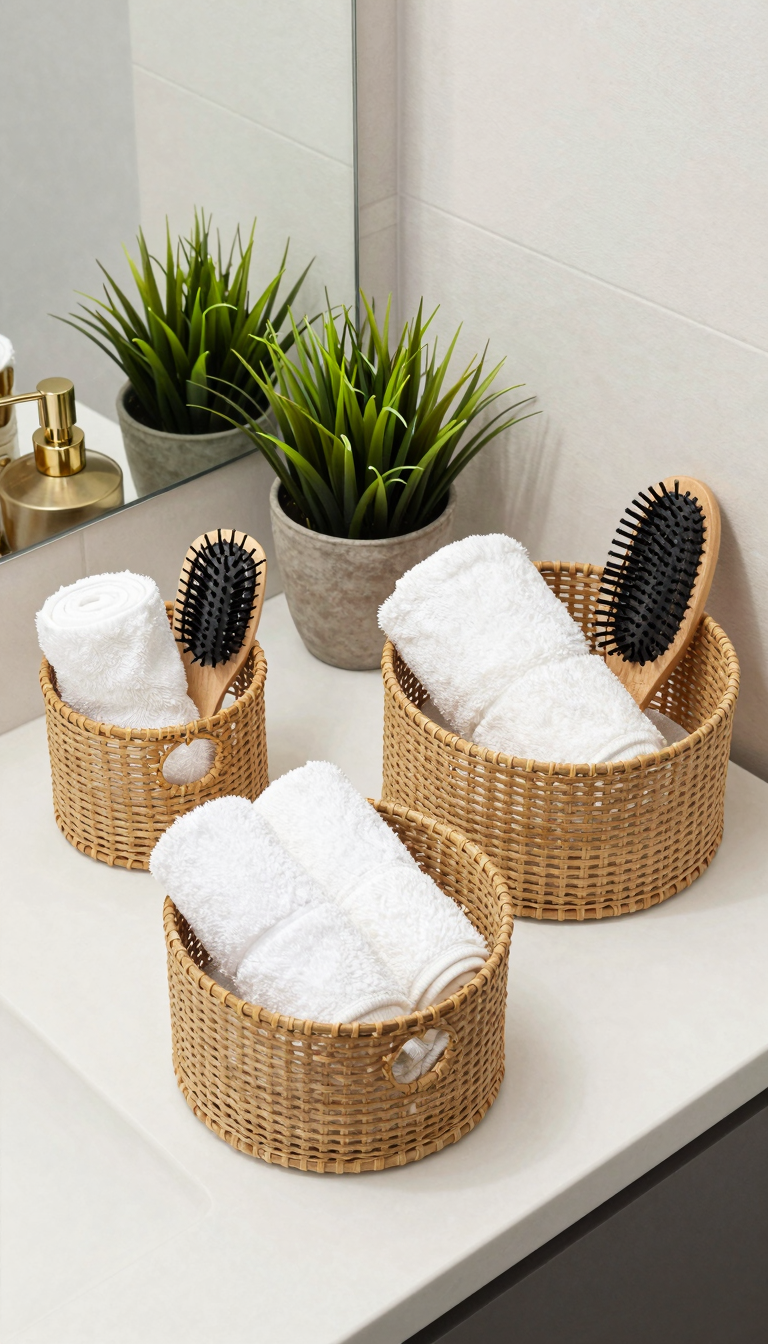 Seagrass storage baskets holding rolled towels and toiletries on a bathroom counter