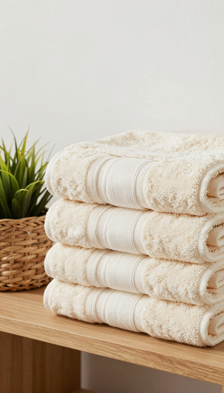 A stack of cream Egyptian cotton towels folded on a wooden shelf in a bathroom
