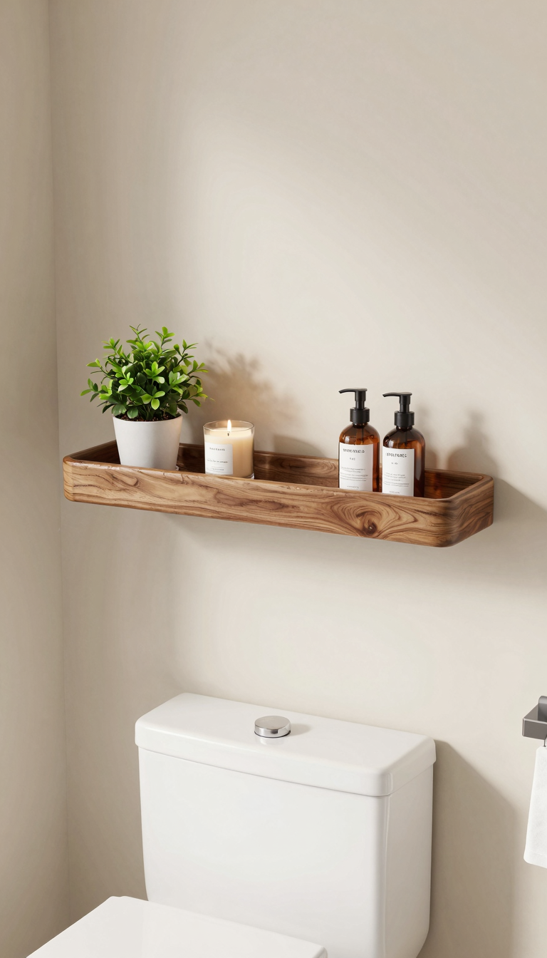 A floating walnut bathroom shelf holding a potted plant and toiletries above a toilet