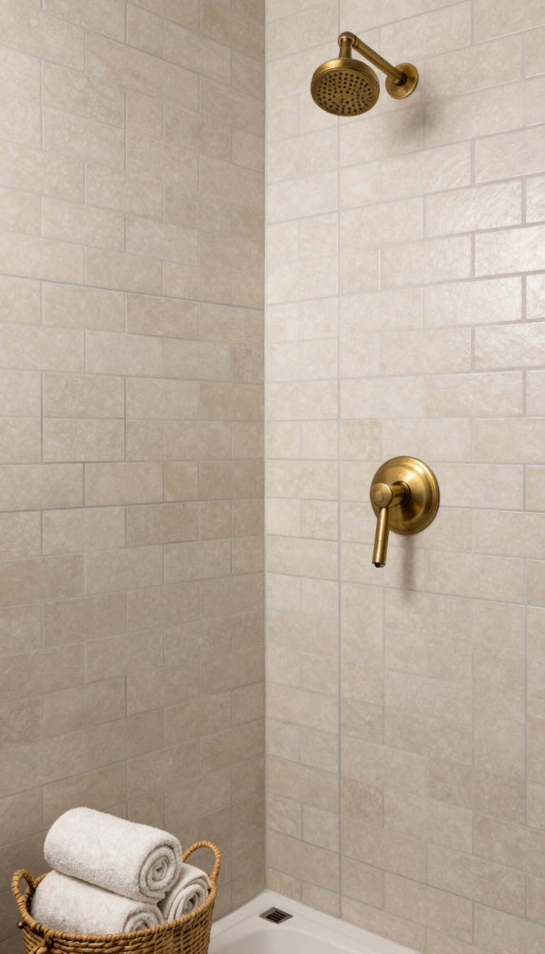 A bathroom shower wall tiled with beige subway tile in a herringbone pattern