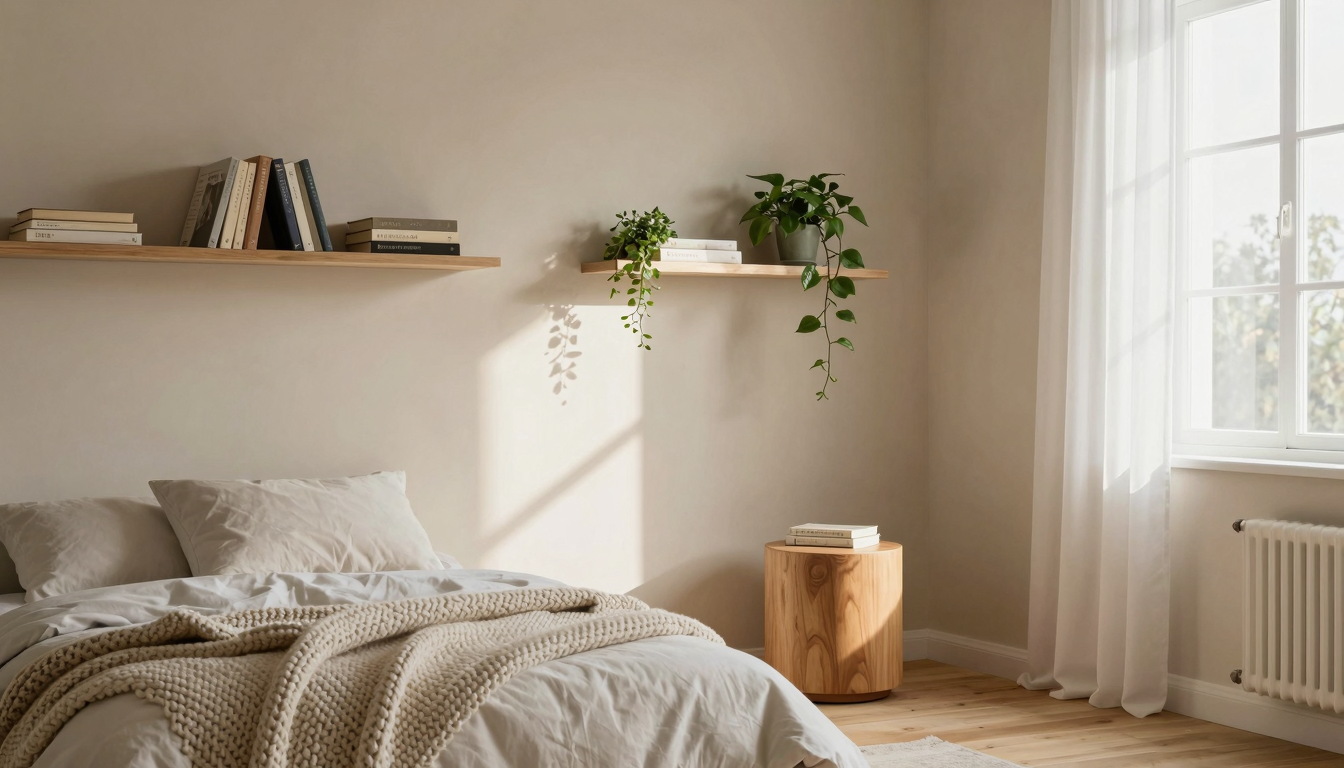 Cozy small apartment bedroom with neutral tones, minimalist bed, floating shelves, and warm lighting