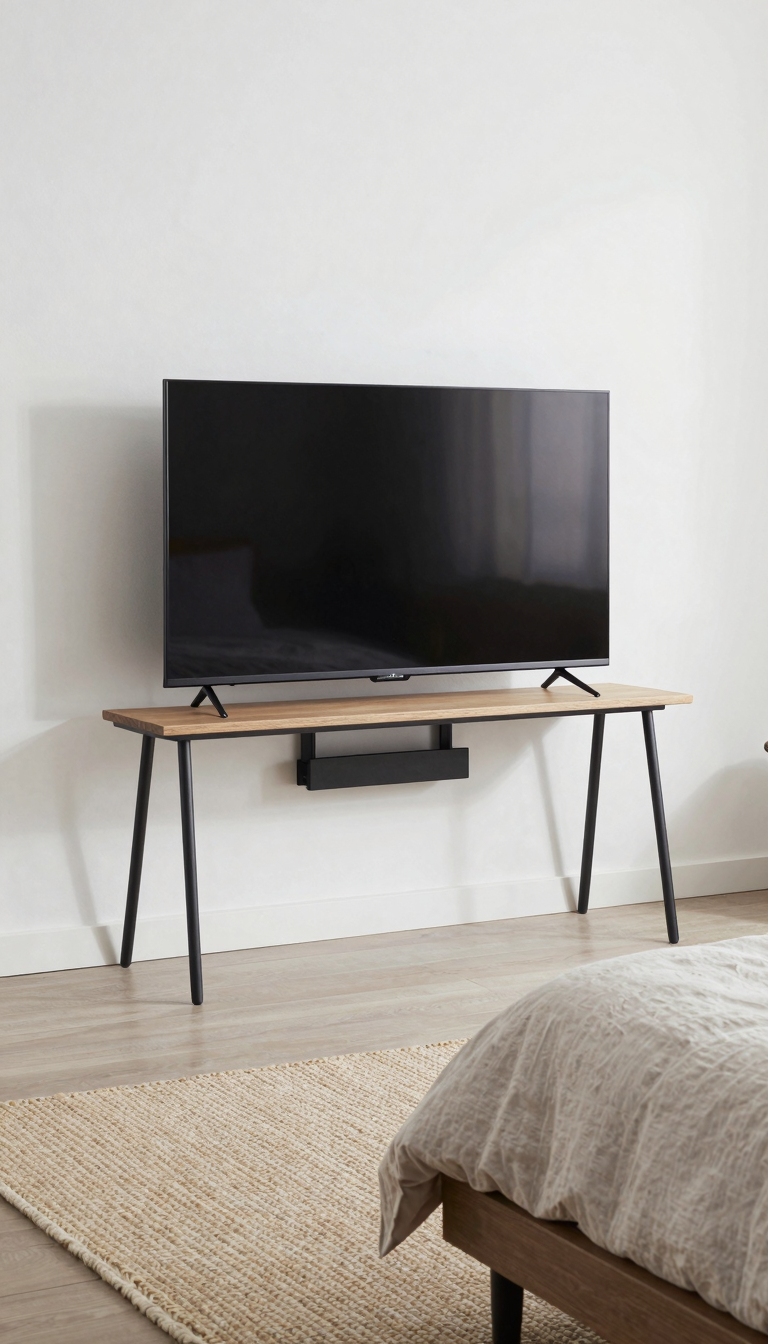 Small bedroom with thin LED TV stand holding a flat-screen TV