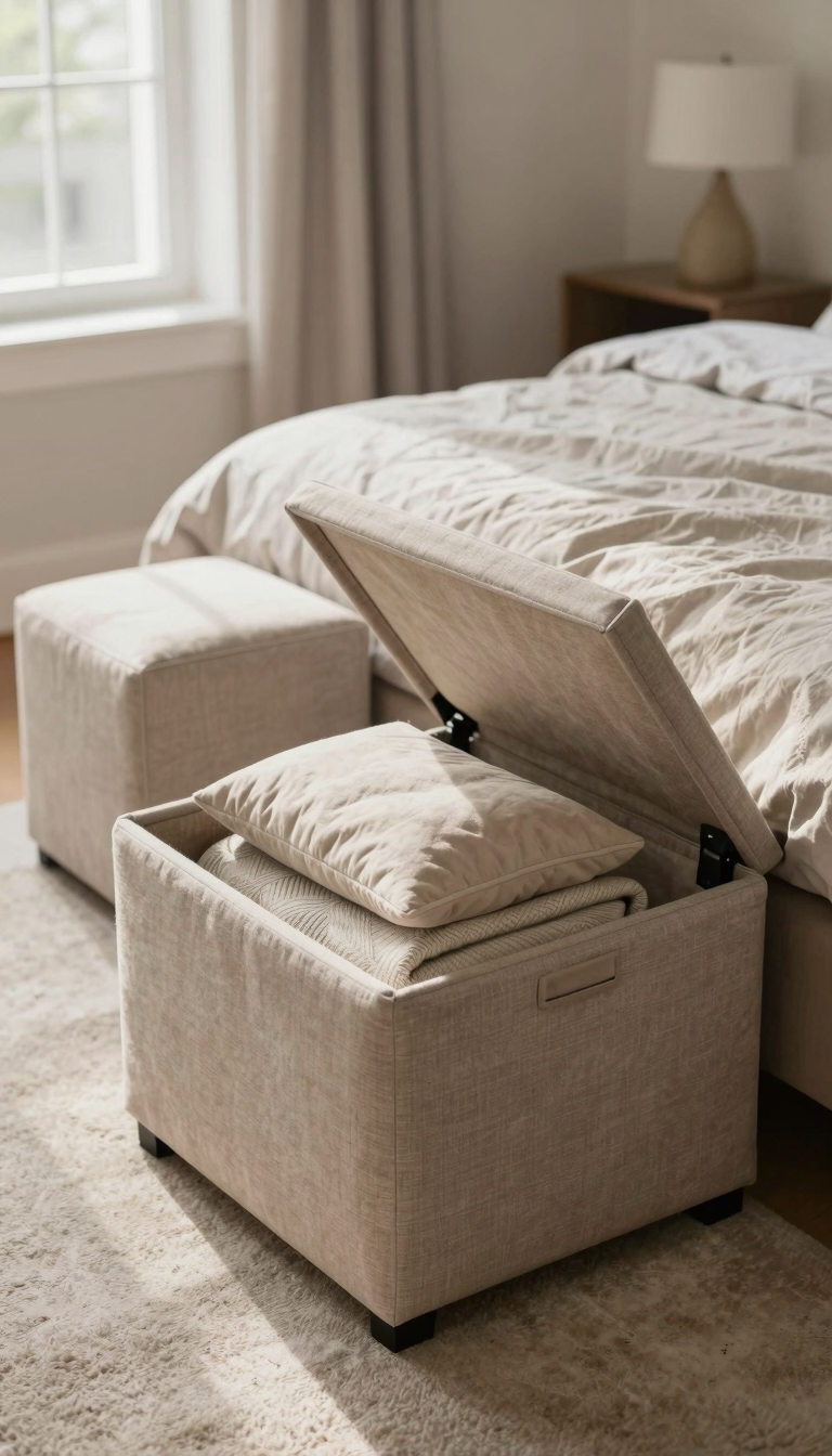Small bedroom with fabric storage ottomans holding folded blankets and pillows