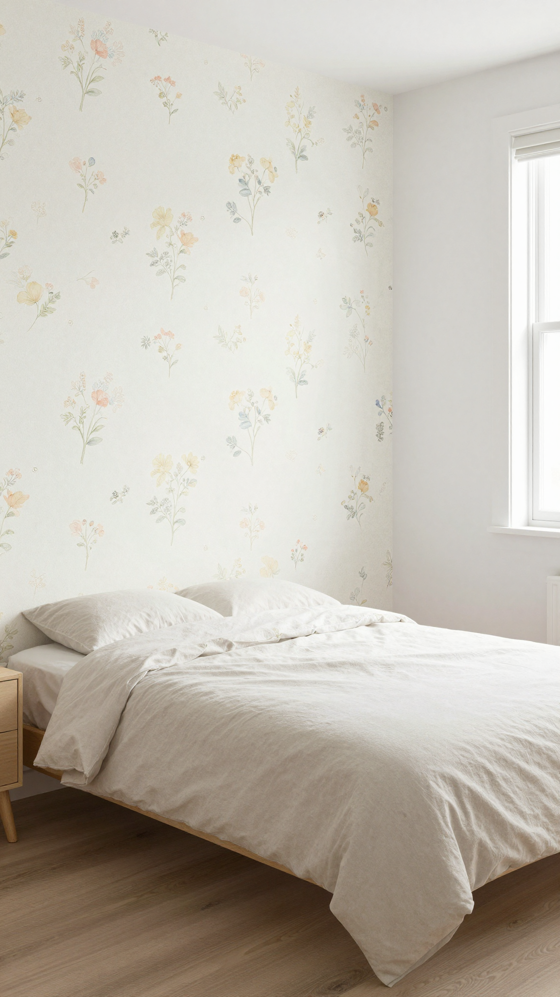 Small bedroom with peel-and-stick wallpaper featuring a subtle floral pattern