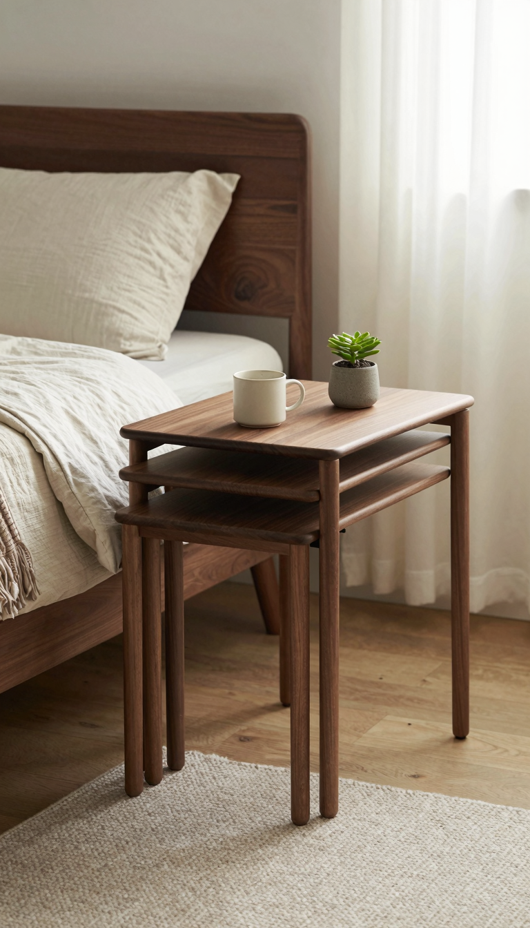 Small bedroom with nesting tables holding a mug and a small plant