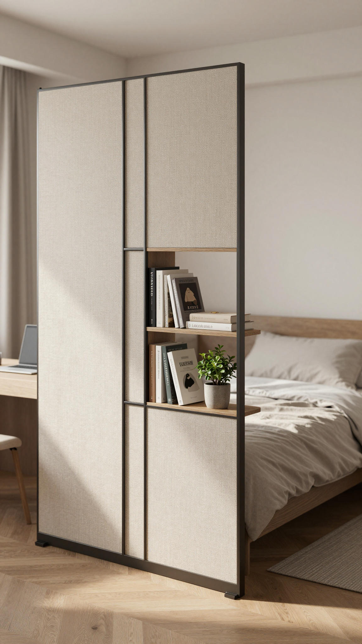 Small studio apartment with room divider separating sleeping and workspace areas