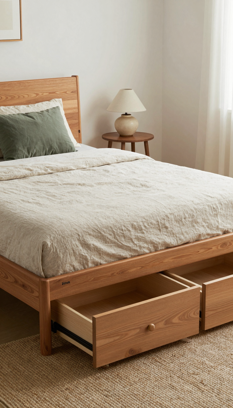 Small bedroom with Zinus platform bed frame and under-bed storage drawers