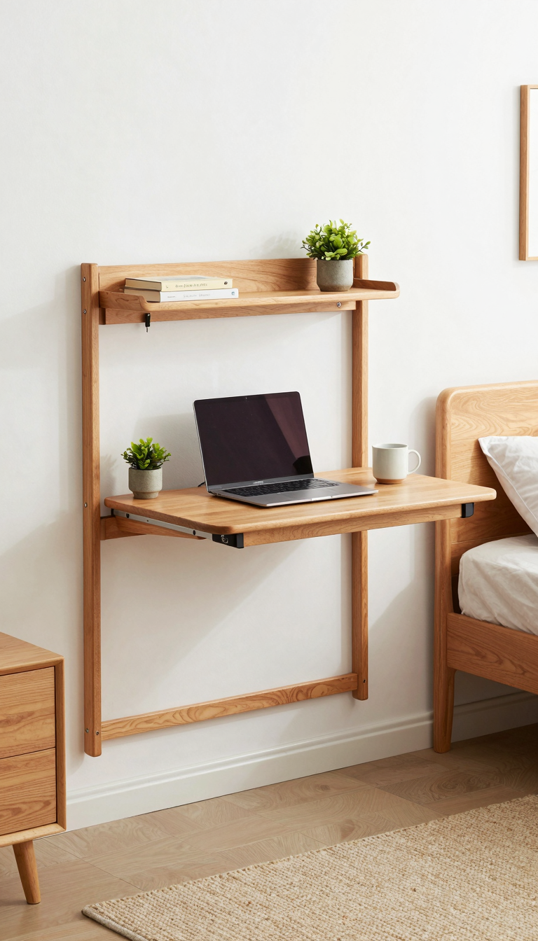 Small bedroom with foldable wall desk in use, showing laptop and plant