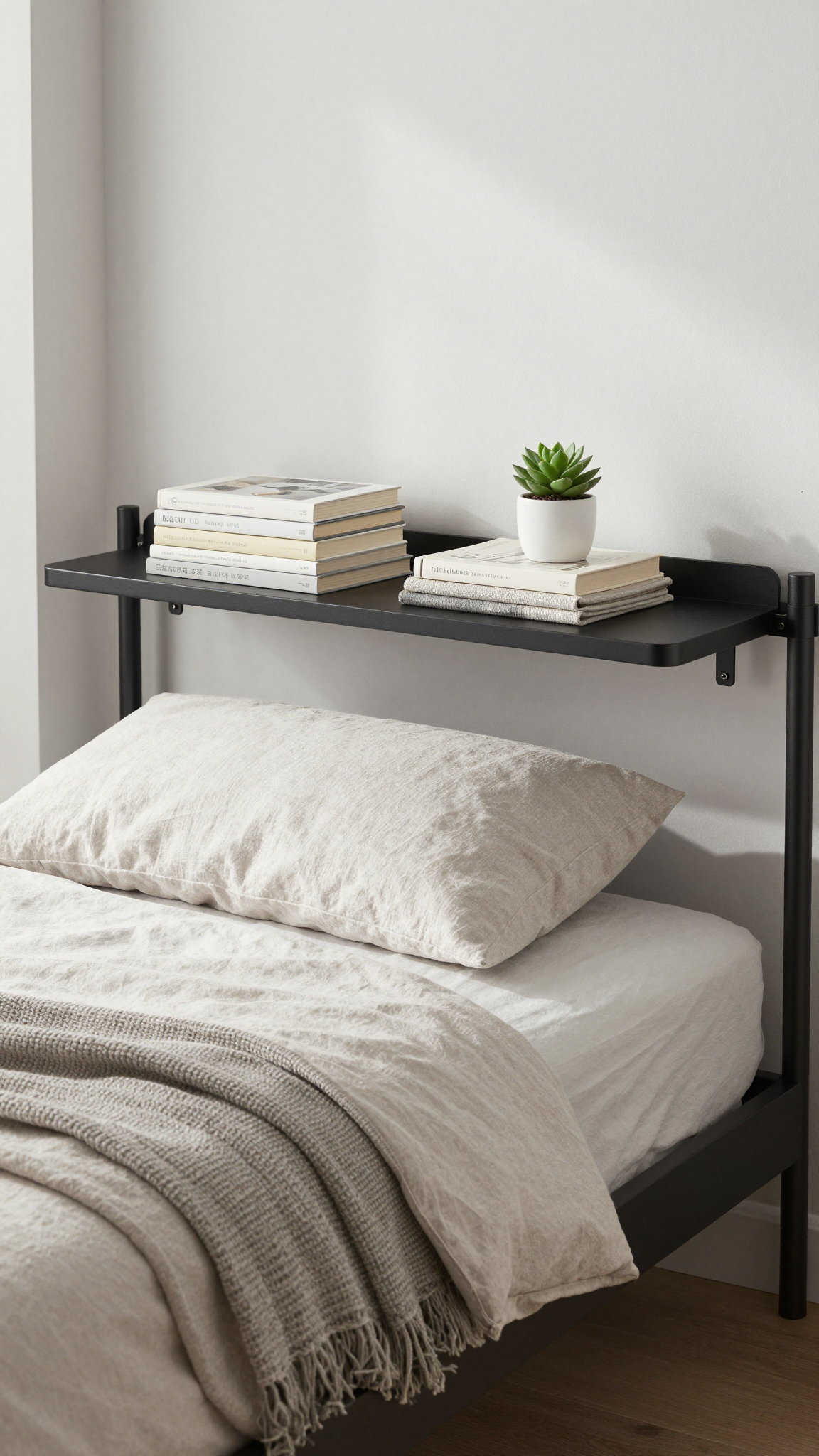 Small bedroom with over-the-bed shelf holding books and a succulent