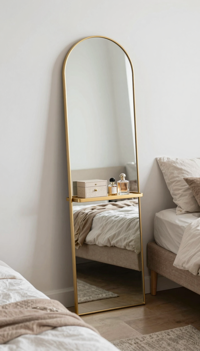 Small bedroom with full-length mirror featuring hidden storage shelf