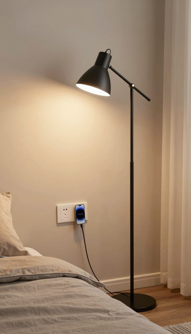 Small bedroom with slim floor lamp featuring USB ports next to a bed