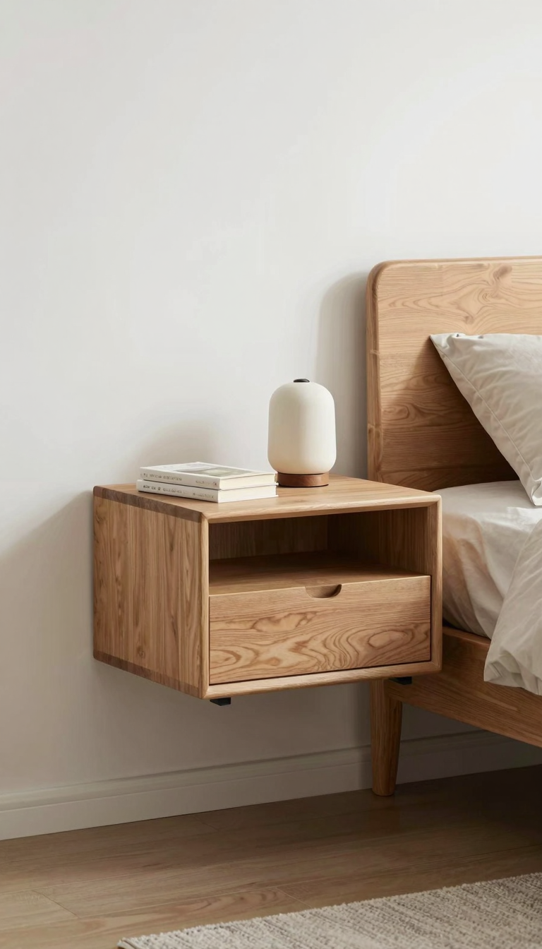 Small bedroom with floating nightstand holding a book and a lamp