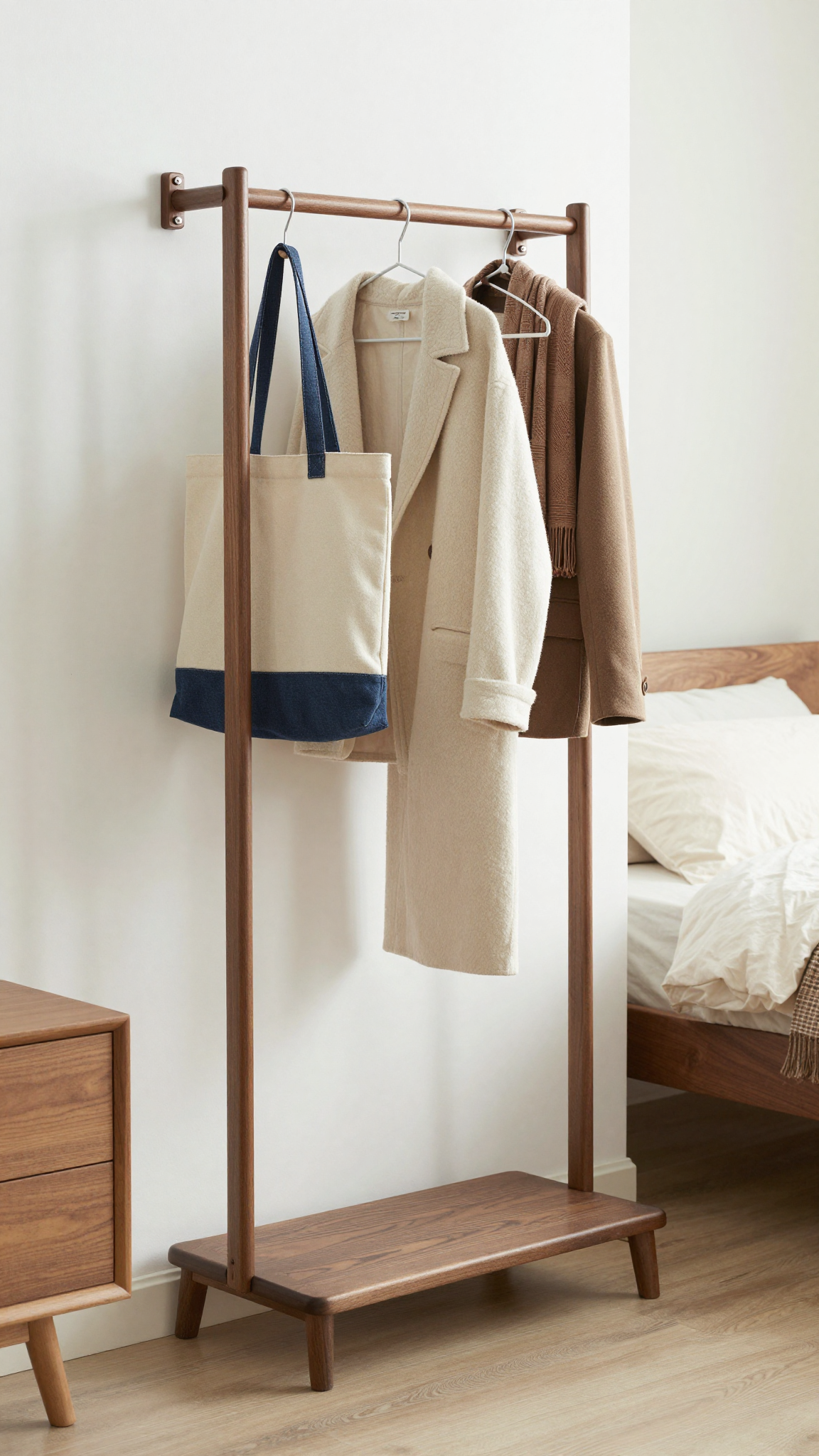 Small bedroom with wall-mounted clothes rack holding hanging clothes and a tote bag