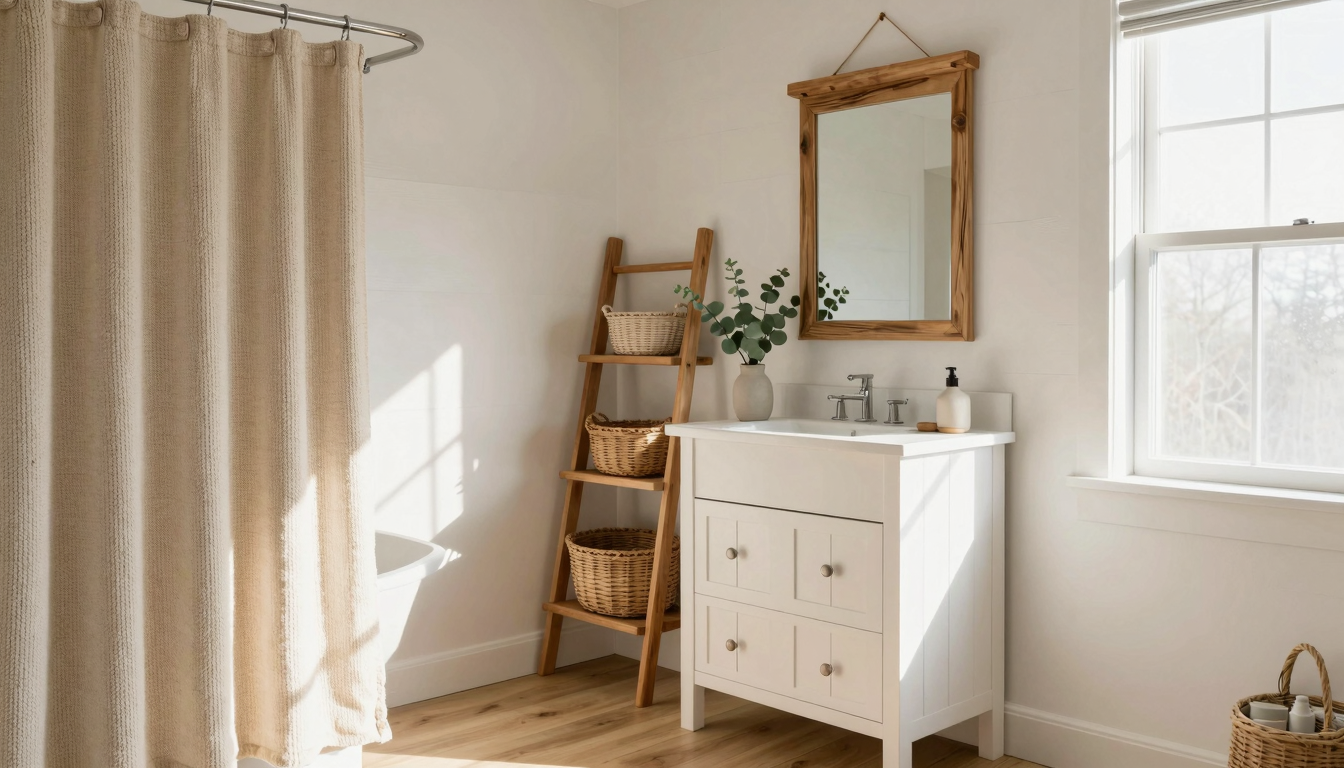 Cozy rustic bathroom with cedar wall art, woven baskets, and warm wood textures