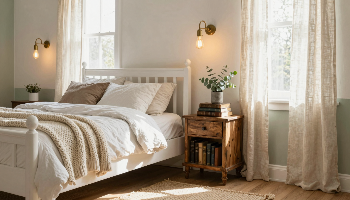 Cozy farmhouse bedroom with warm lighting, chunky knit throw, vintage brass lamps, and natural textures
