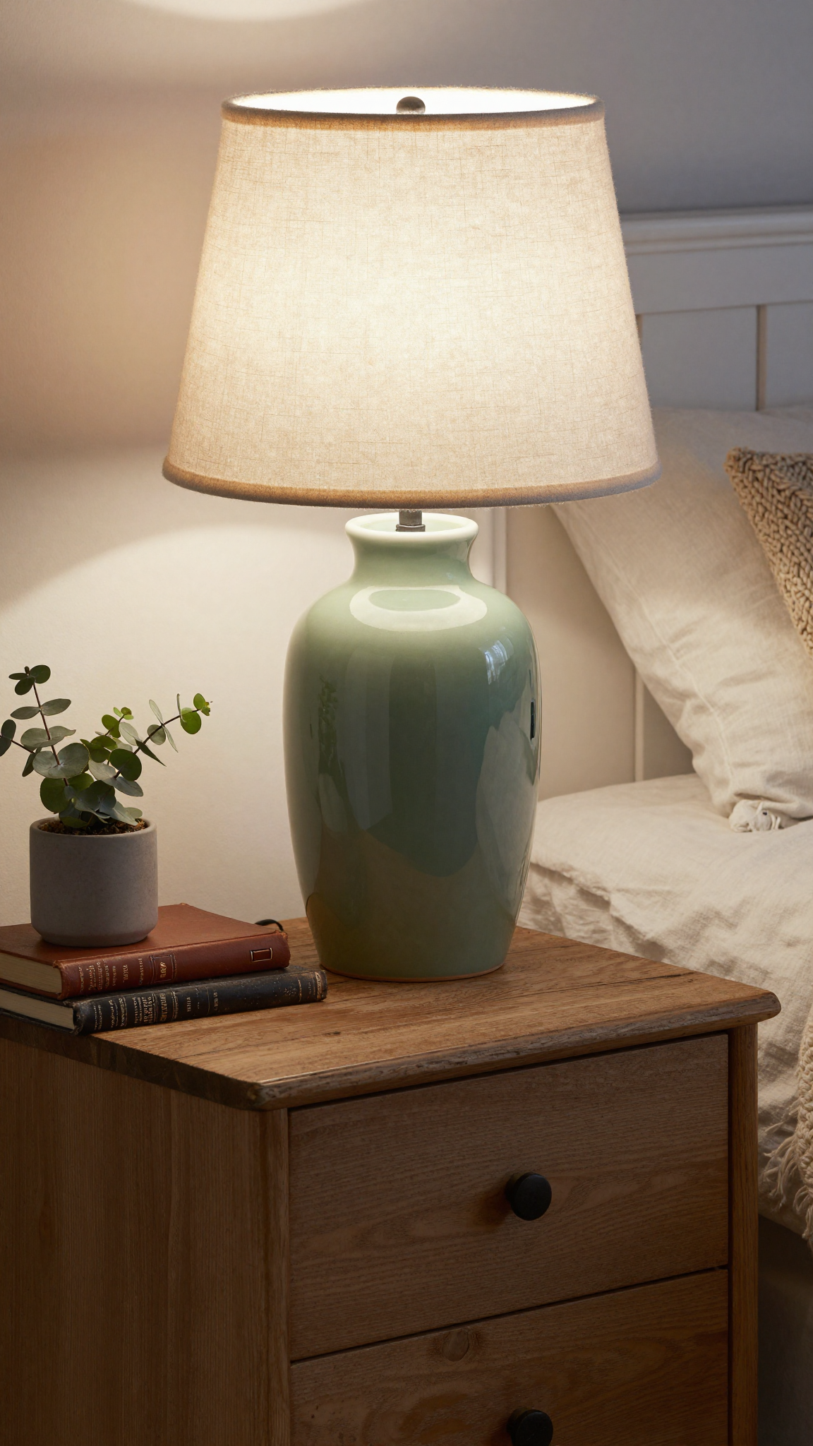 Ceramic table lamp with linen shade casting soft light on a farmhouse nightstand