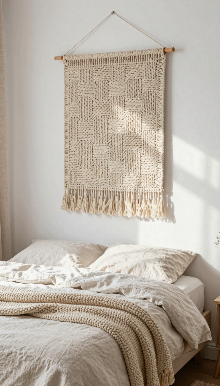 Woven wall hanging with intricate weave pattern above a farmhouse bed
