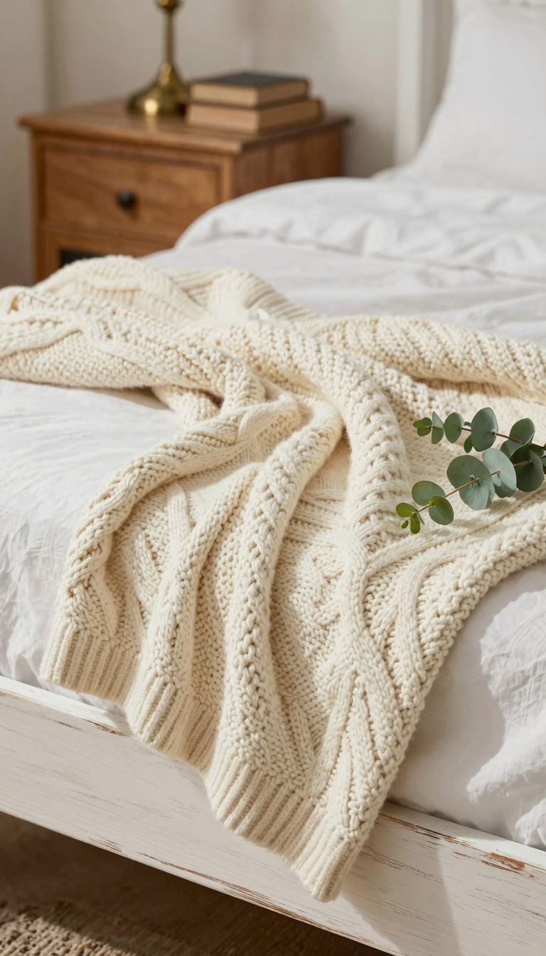 Chunky cream cable-knit throw blanket draped over a farmhouse bed with natural textures