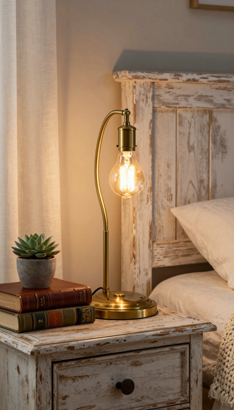 Vintage brass bedside lamp casting warm light on a farmhouse nightstand