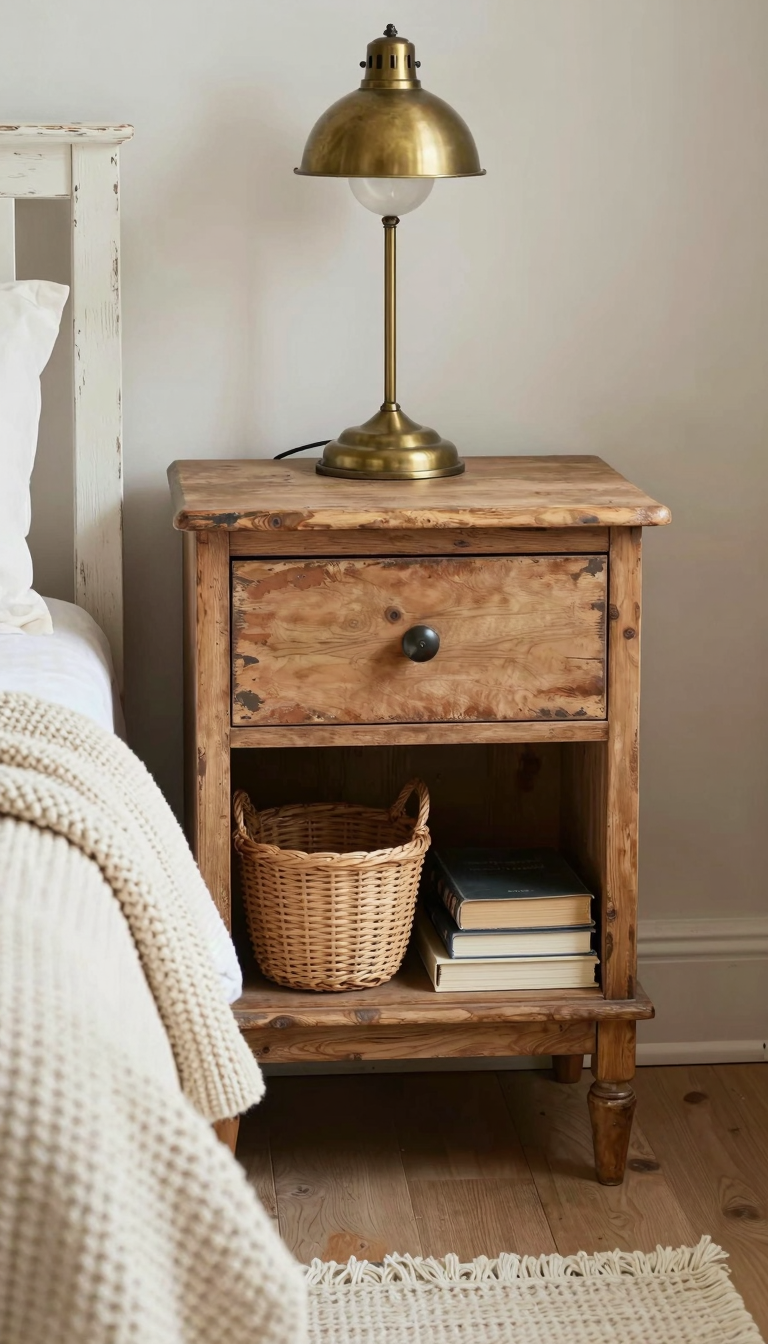 Weathered wooden nightstand with distressed finish next to a farmhouse bed