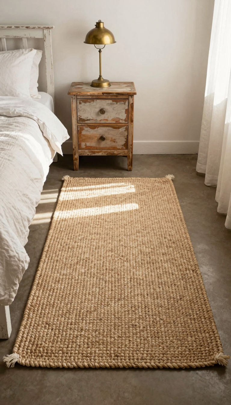 Braided jute rug centered in a cozy farmhouse bedroom with natural textures