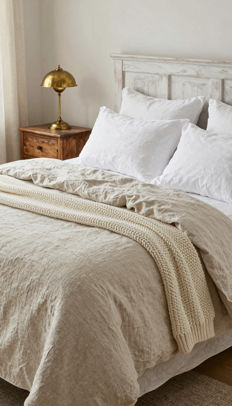 Linen duvet cover set on a farmhouse bed with chunky knit throw and vintage brass lamp