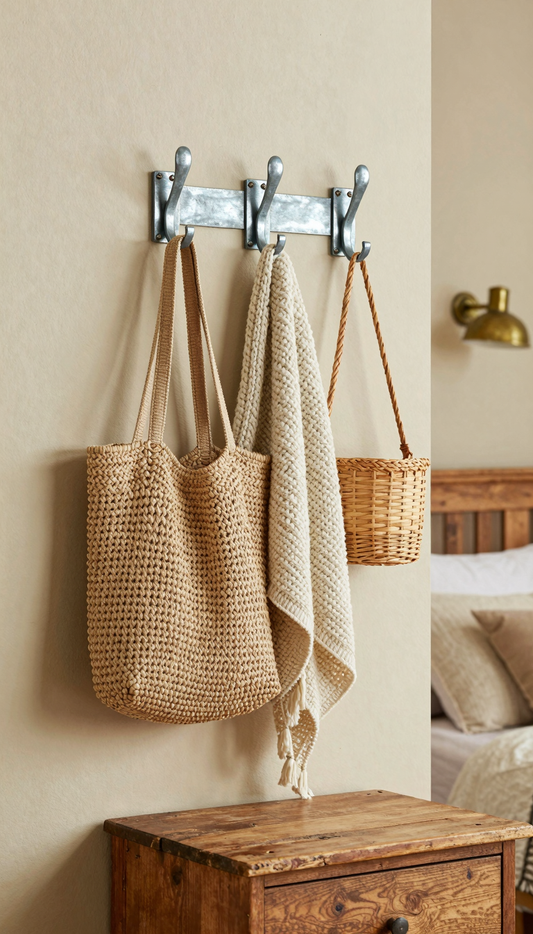 Galvanized metal wall hooks holding woven basket and knit throw above a farmhouse nightstand