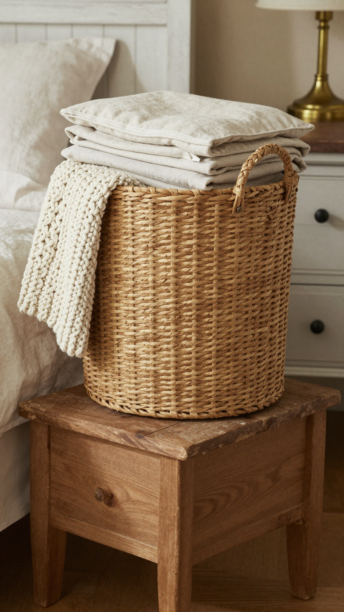 Woven basket storage bins holding knit throw and linen pillowcases under a farmhouse bed