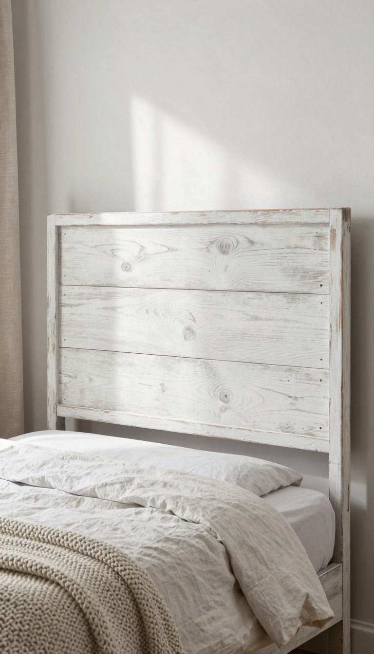 Distressed whitewashed wooden headboard behind a farmhouse bed with linen duvet