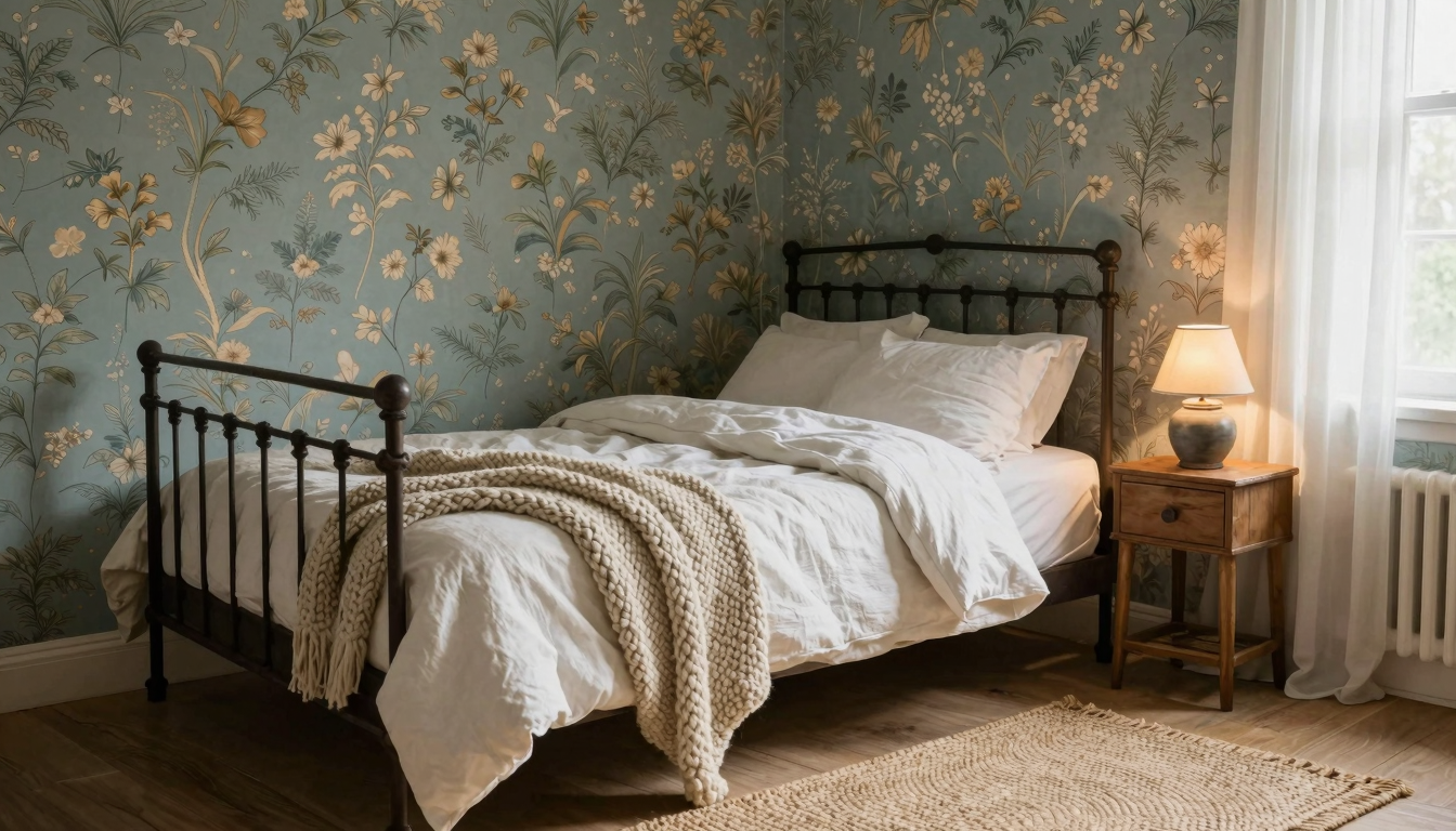 Cozy cottage bedroom with wrought-iron bed, chunky knit throw, vintage floral wallpaper, and warm morning light