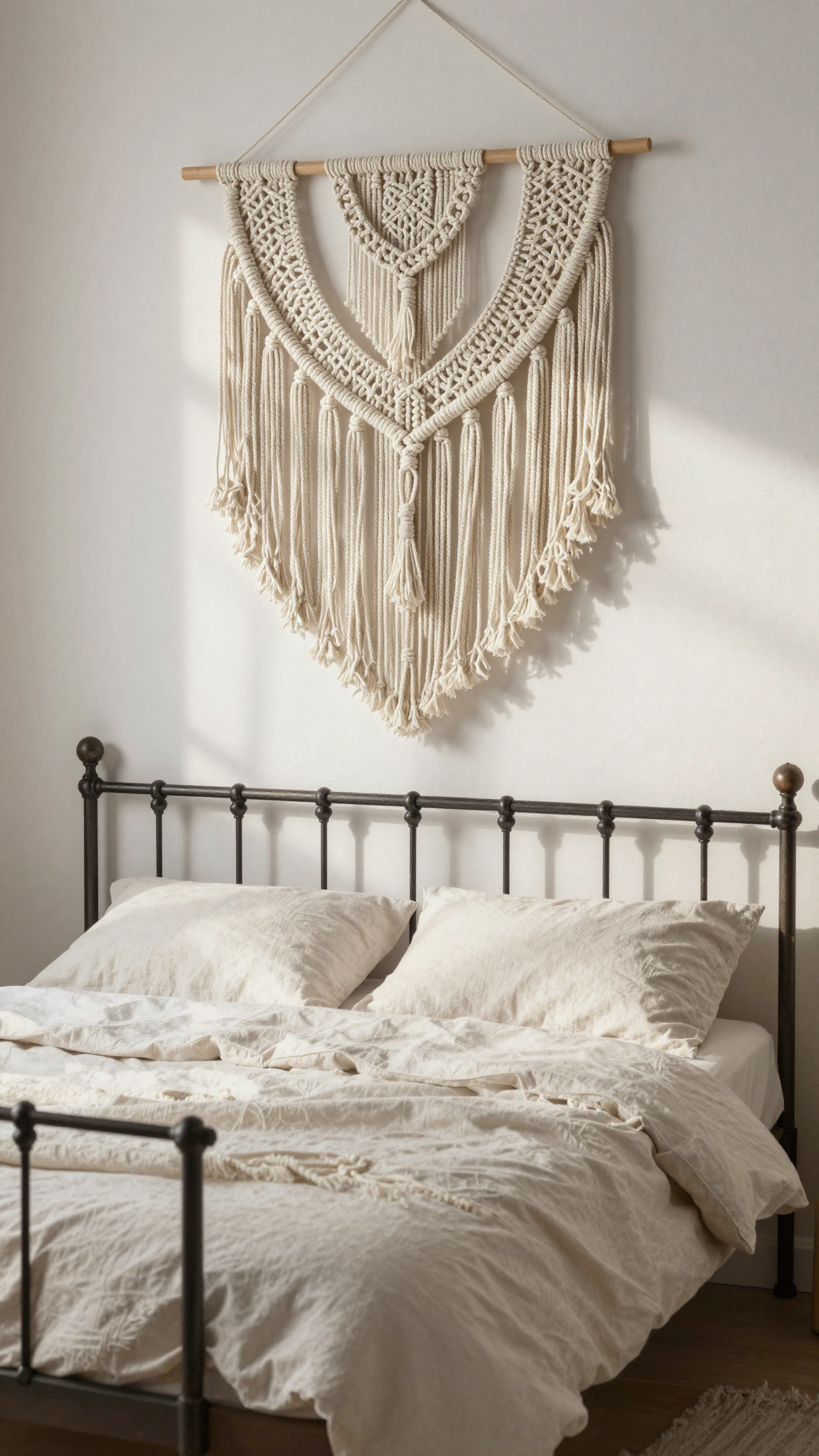 Macrame wall hanging with intricate knots and fringe above a wrought-iron bed